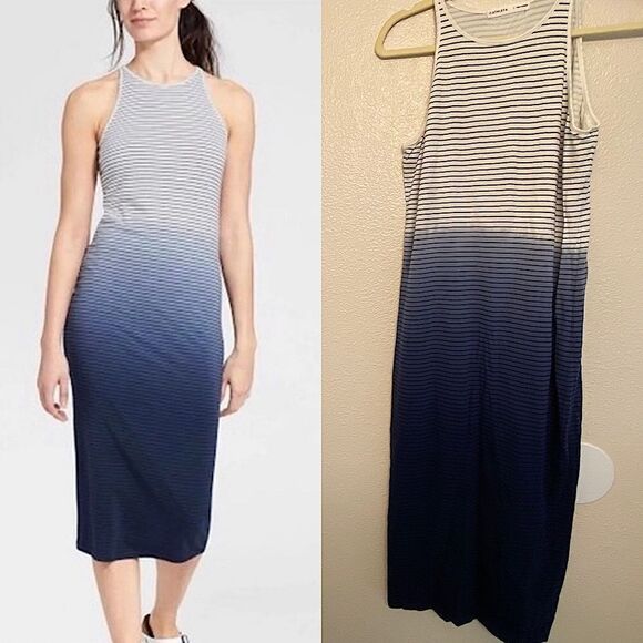 Athleta Sun Kissed Striped blue ombre coastal Midi athletic Dress pima cotton S - Picture 1 of 12